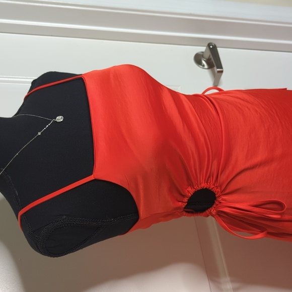 Christian Lacroix Square Neck Keyhole Satin Midi Dress Side Ties Orange Red XS - Picture 2 of 13